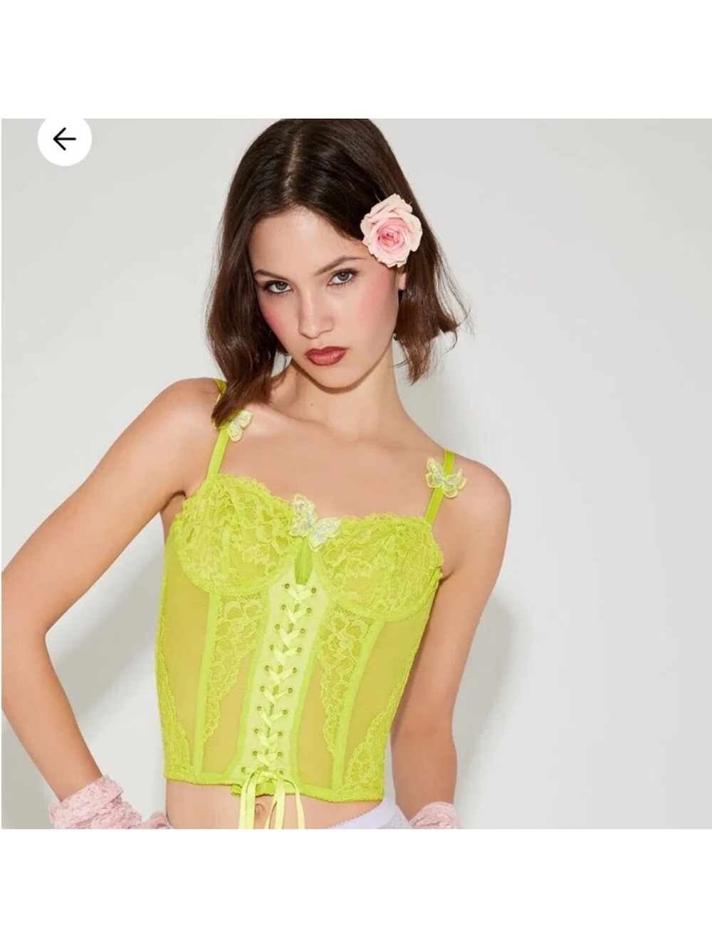 Betsey Johnson X Forever 21 Neon Lime Lace Corset Tank Butterfly Lace Cami Large